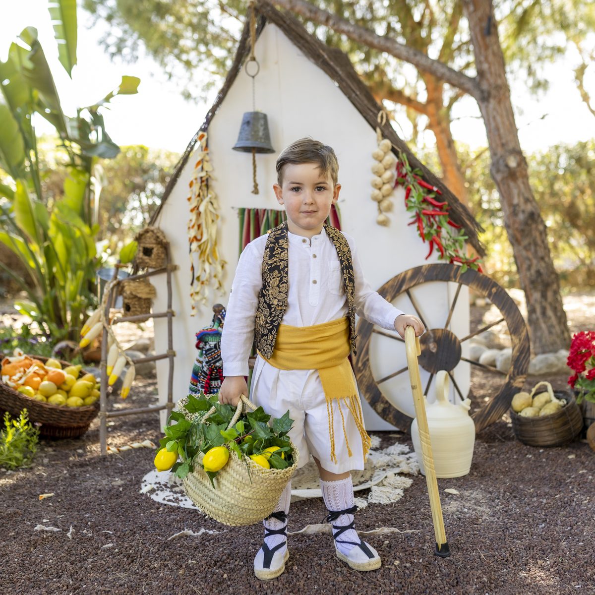 Niño con traje de huertano junto al carro de frutas en las fotos de primavera de Murcia